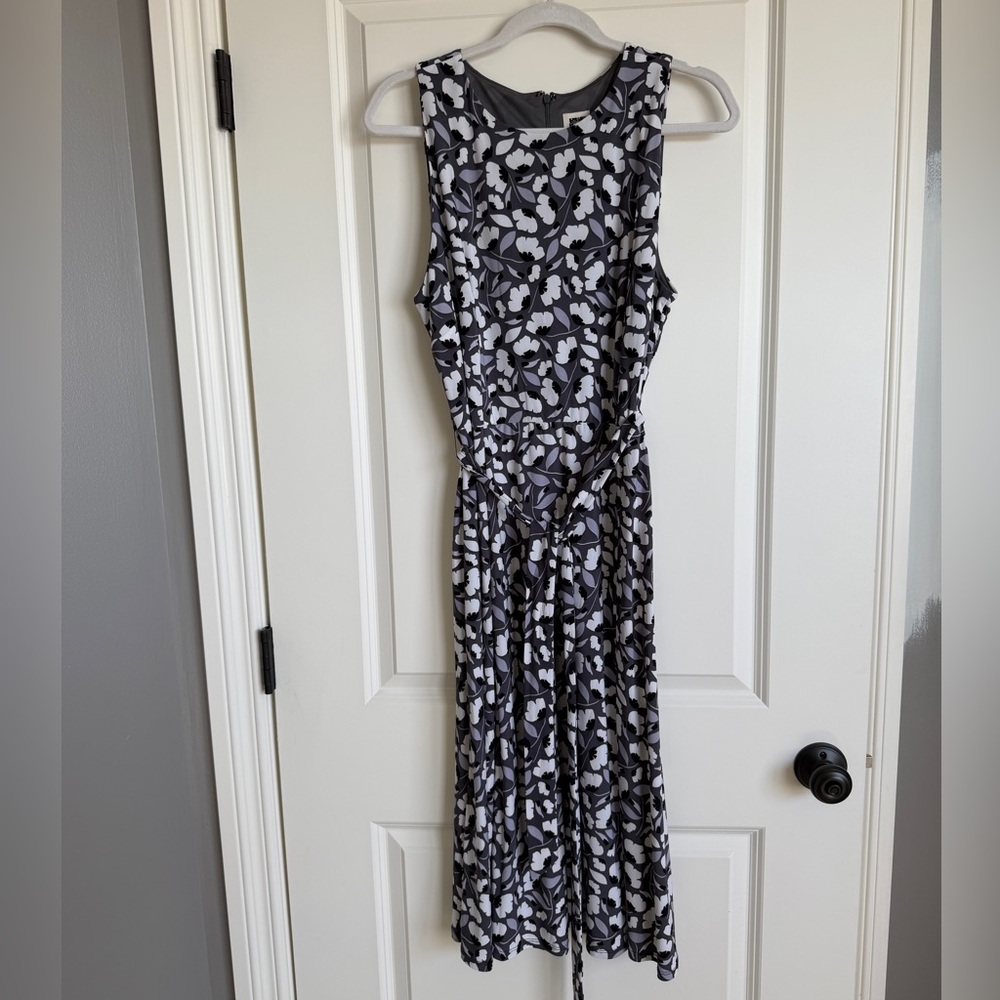Anne Klein Blue, White & Gray Floral Midi Dress Tie Waist NWT